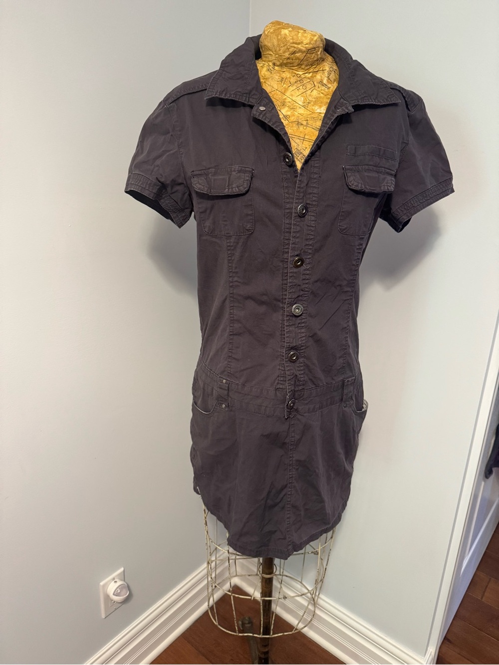 Short-Sleeve Utility Shirt Dress in Charcoal Gray